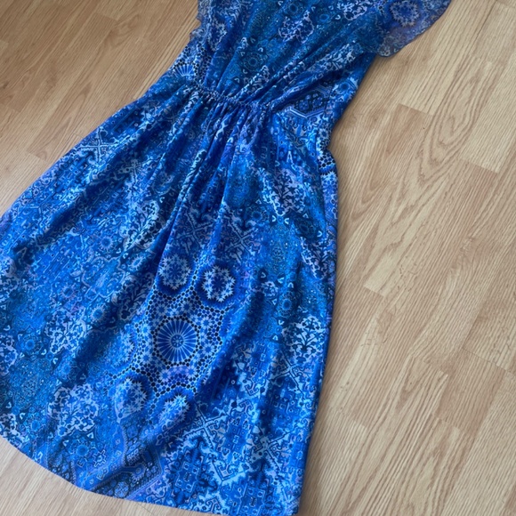 Elie Tahari Blue Sleeveless Chiffon Layover Fit and Flare Midi Dress Size 6 - Picture 9 of 11